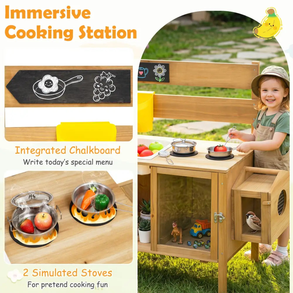 Mud Kitchen for Kids with Detachable Bird Cage and Stoves-Natural - Natural - Play Kitchen Sets