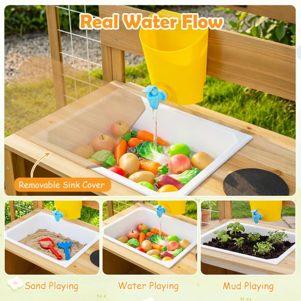 Mud Kitchen for Kids with Detachable Bird Cage and Stoves-Natural - Natural - Play Kitchen Sets