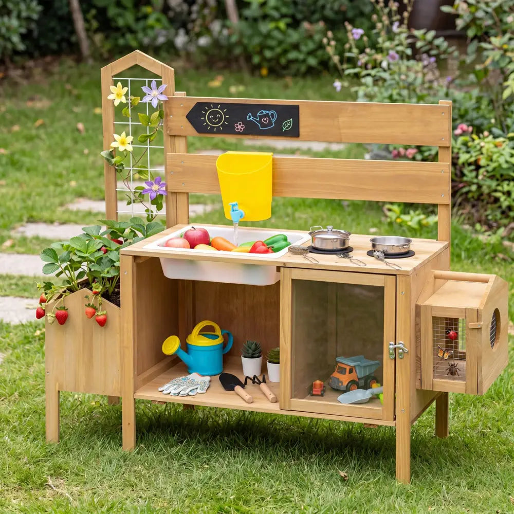 Mud Kitchen for Kids with Detachable Bird Cage and Stoves-Natural - Natural - Play Kitchen Sets