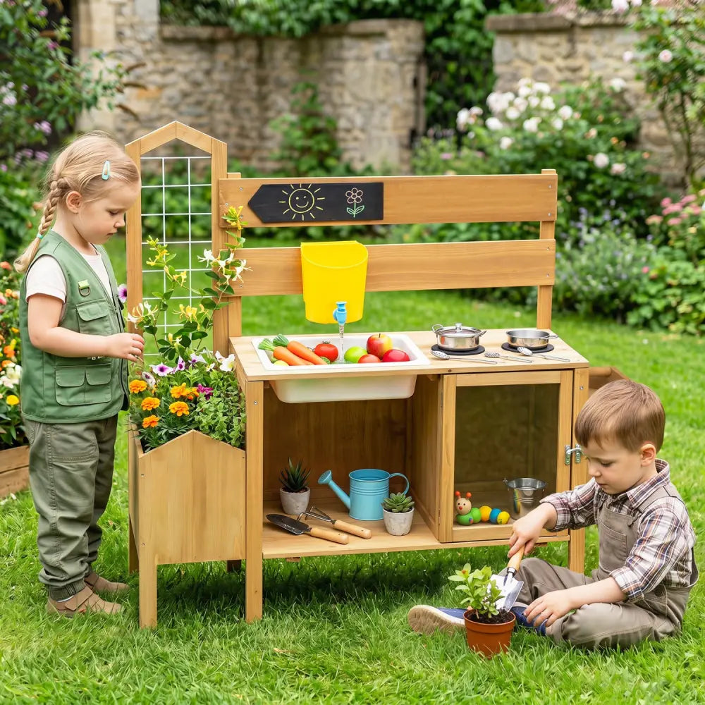 Mud Kitchen for Kids with Detachable Bird Cage and Stoves-Natural - Natural - Play Kitchen Sets