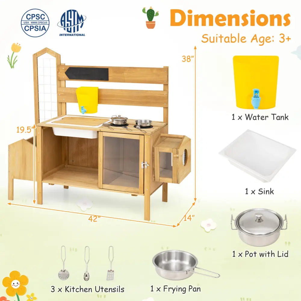 Mud Kitchen for Kids with Detachable Bird Cage and Stoves-Natural - Natural - Play Kitchen Sets