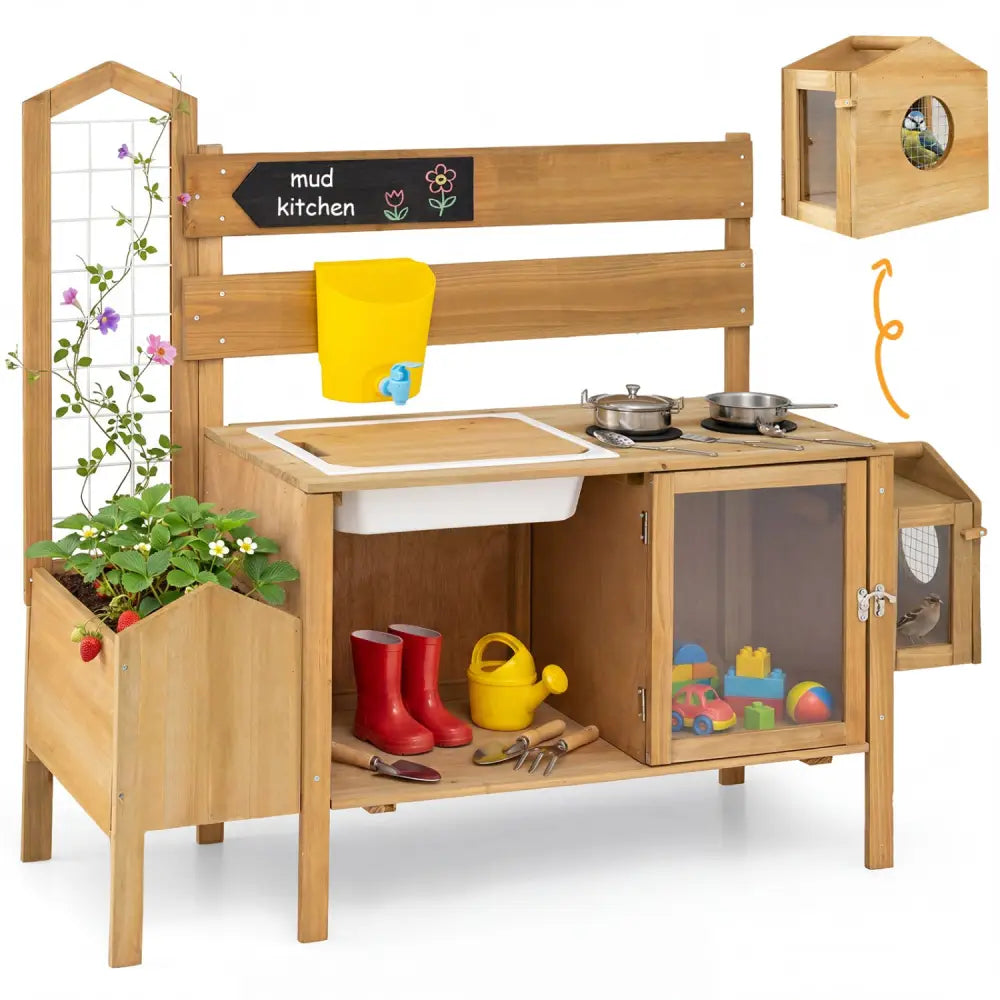 Mud Kitchen for Kids with Detachable Bird Cage and Stoves-Natural - Natural - Play Kitchen Sets