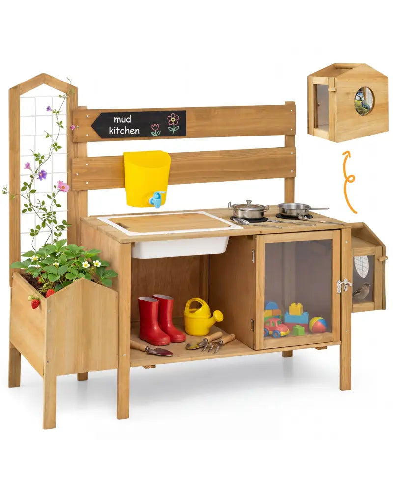 Mud Kitchen for Kids with Detachable Bird Cage and Stoves-Natural - Natural - Play Kitchen Sets