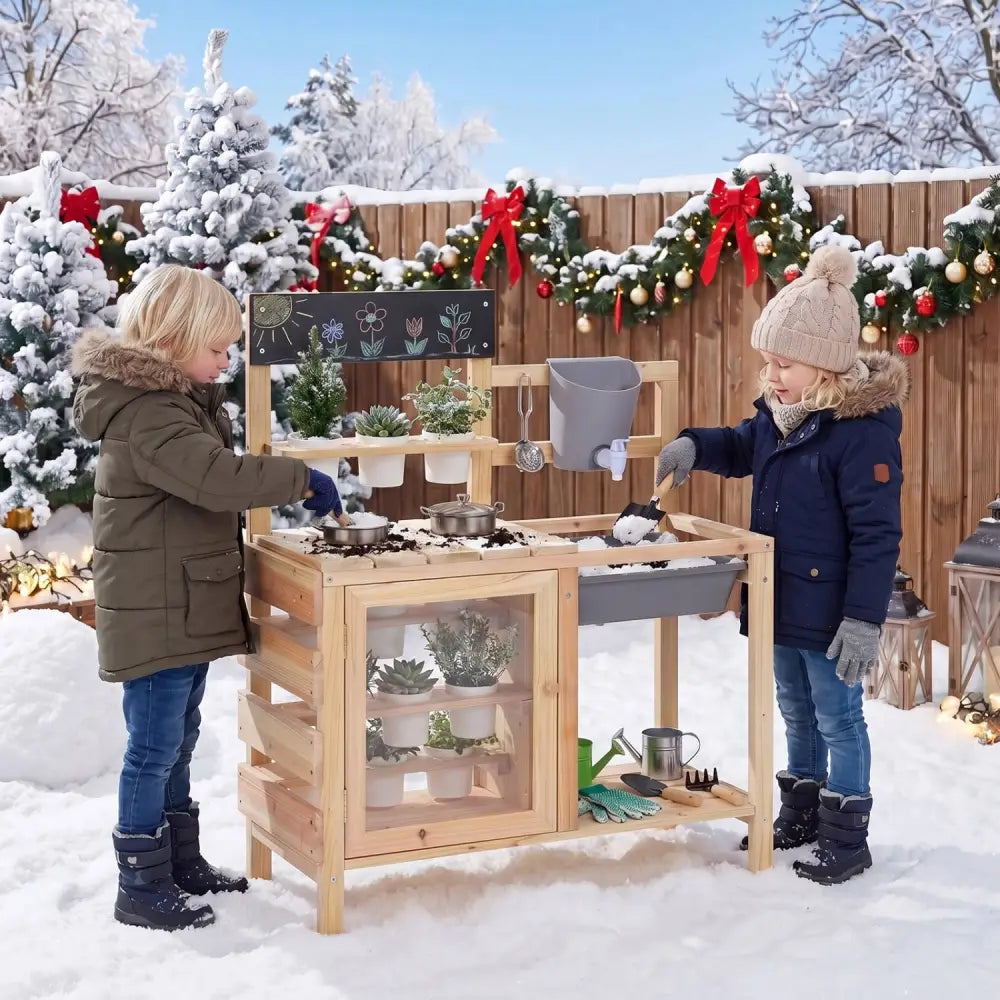 Mud Kitchen Playset with Sink and Plants Observation Room-Natural - Natural - Play Kitchen Sets