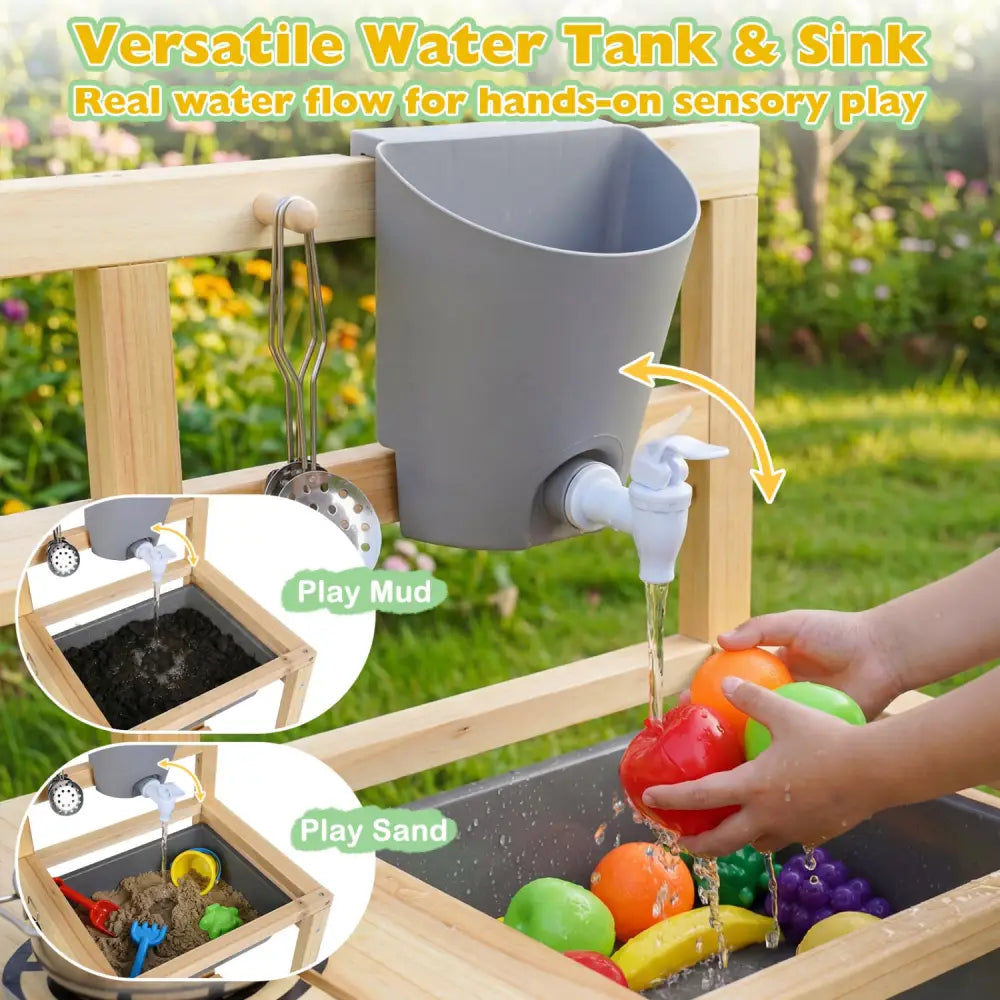 Mud Kitchen Playset with Sink and Plants Observation Room-Natural - Natural - Play Kitchen Sets