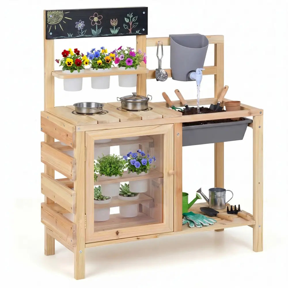 Mud Kitchen Playset with Sink and Plants Observation Room-Natural - Natural - Play Kitchen Sets