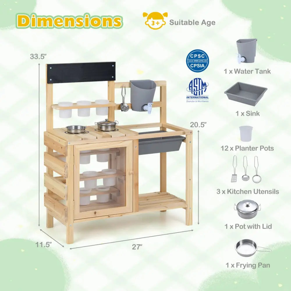 Mud Kitchen Playset with Sink and Plants Observation Room-Natural - Natural - Play Kitchen Sets