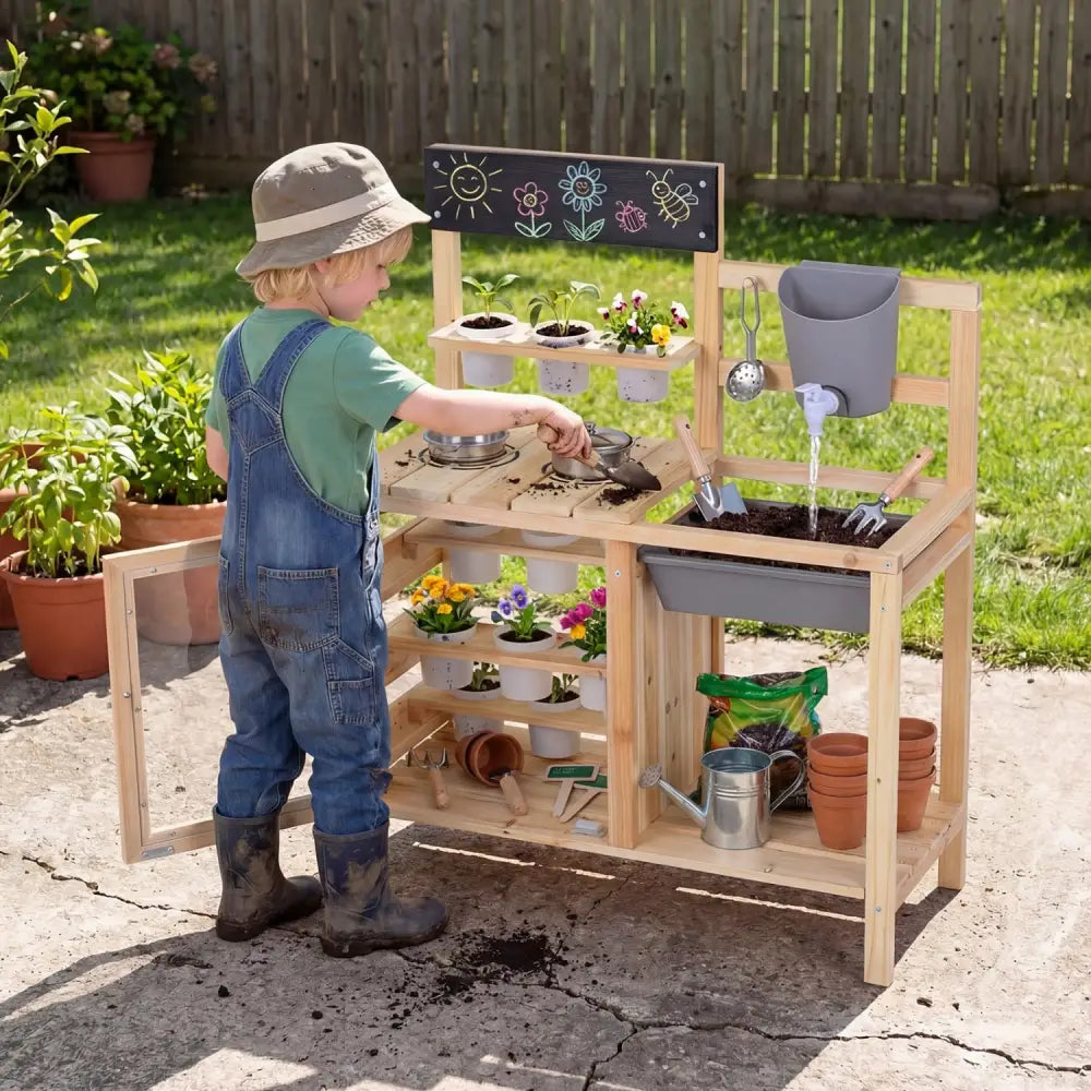 Mud Kitchen Playset with Sink and Plants Observation Room-Natural - Natural - Play Kitchen Sets