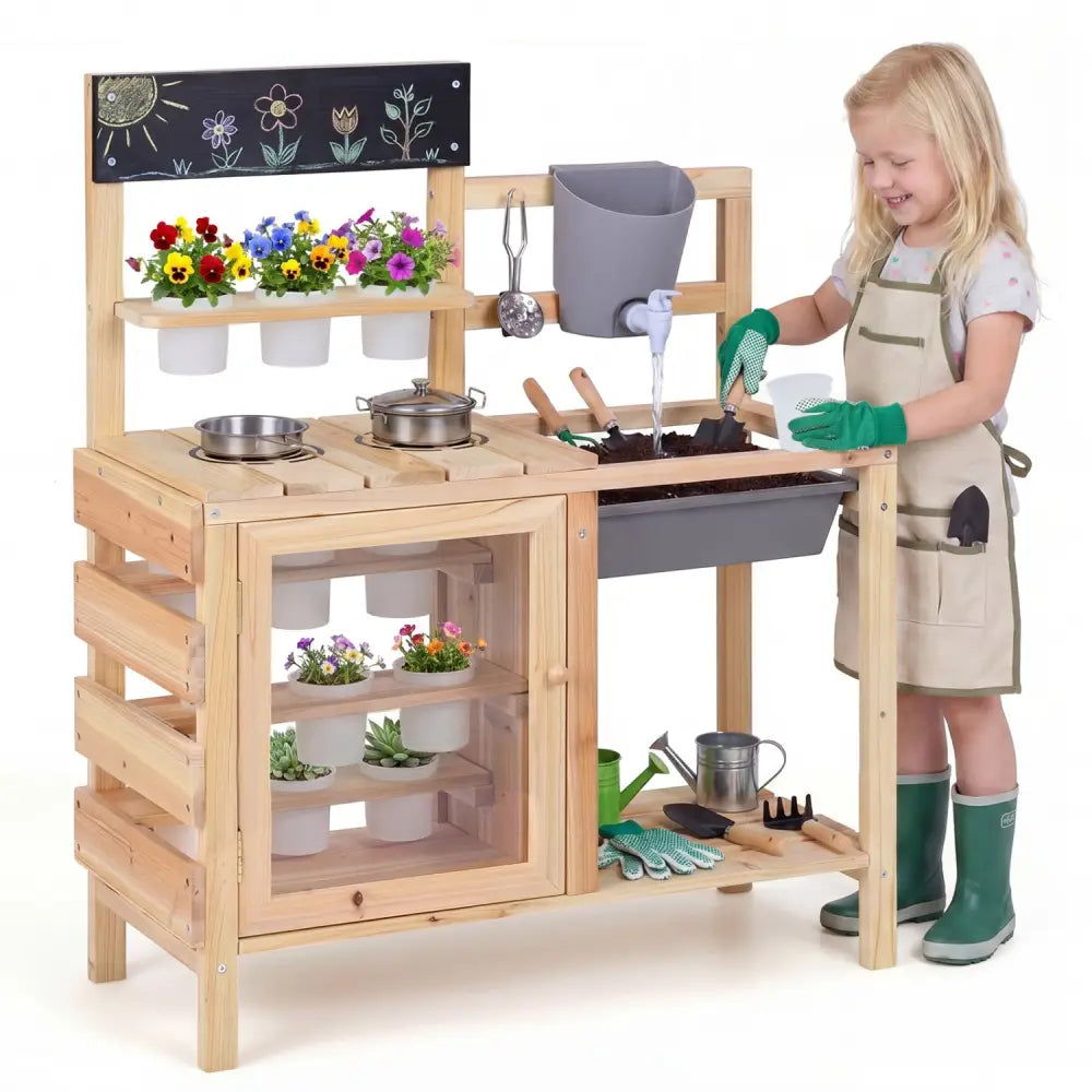 Mud Kitchen Playset with Sink and Plants Observation Room-Natural - Natural - Play Kitchen Sets