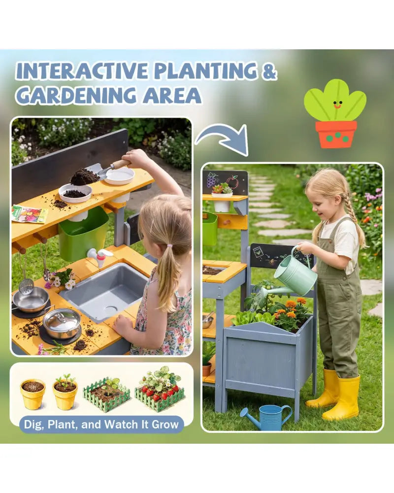 Mud Kitchen Set for Kids with Running Water Reservoir and Plant Pots for 3+-Yellow - Yellow - Play Kitchen Sets