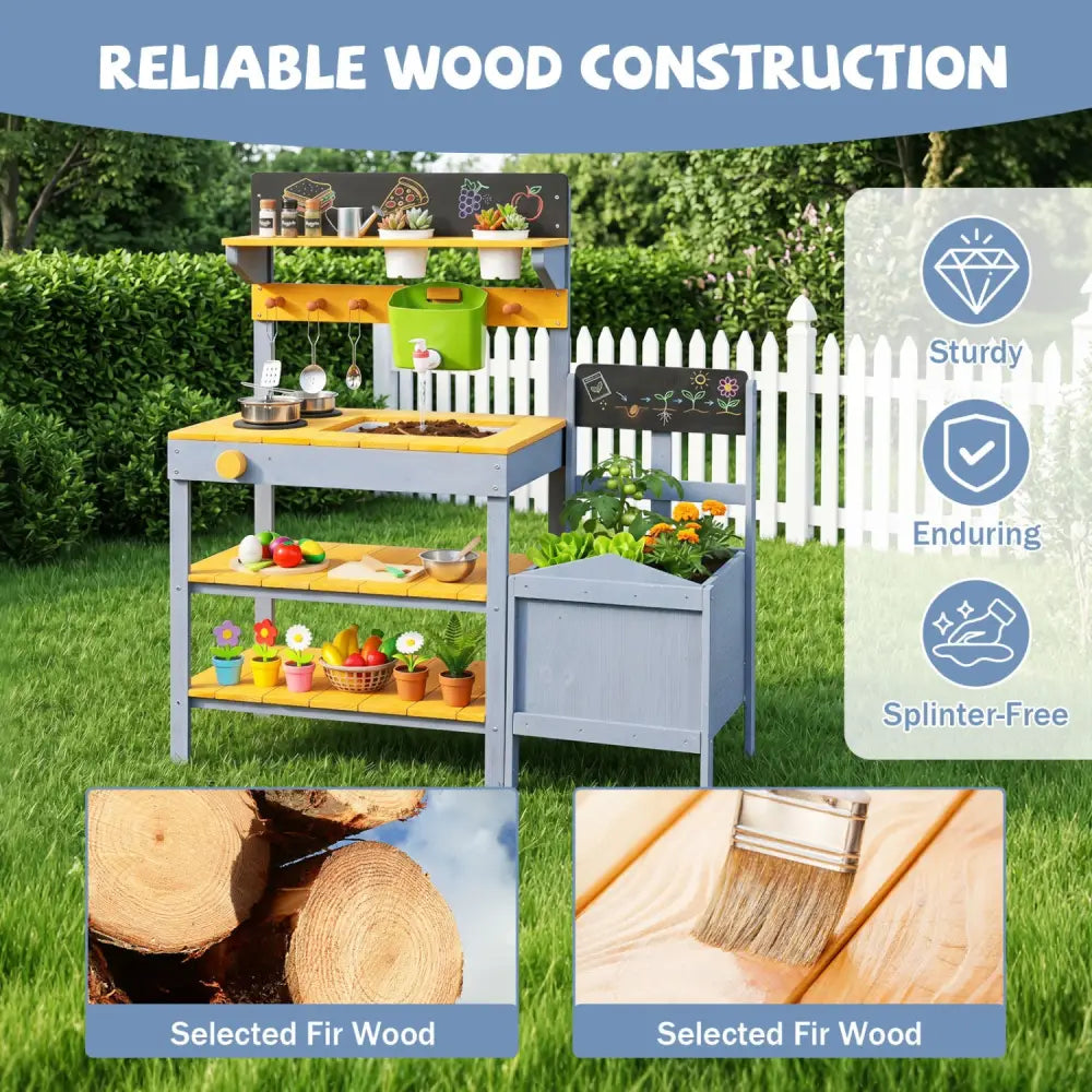 Mud Kitchen Set for Kids with Running Water Reservoir and Plant Pots for 3+-Yellow - Yellow - Play Kitchen Sets