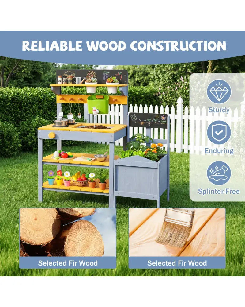 Mud Kitchen Set for Kids with Running Water Reservoir and Plant Pots for 3+-Yellow - Yellow - Play Kitchen Sets