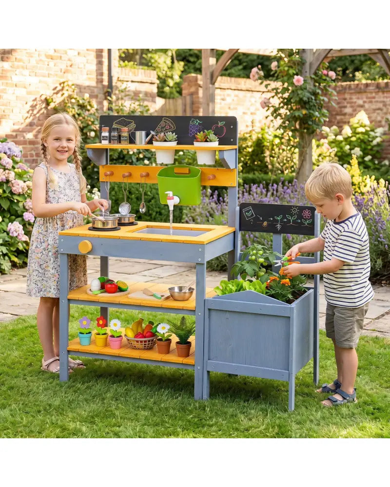 Mud Kitchen Set for Kids with Running Water Reservoir and Plant Pots for 3+-Yellow - Yellow - Play Kitchen Sets