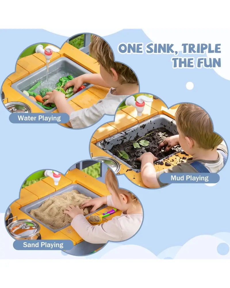 Mud Kitchen Set for Kids with Running Water Reservoir and Plant Pots for 3+-Yellow - Yellow - Play Kitchen Sets