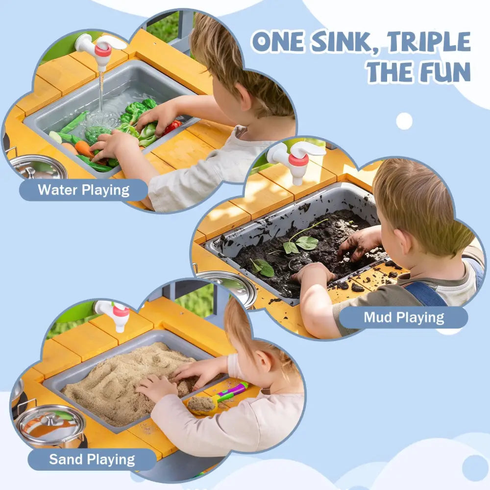Mud Kitchen Set for Kids with Running Water Reservoir and Plant Pots for 3+-Yellow - Yellow - Play Kitchen Sets