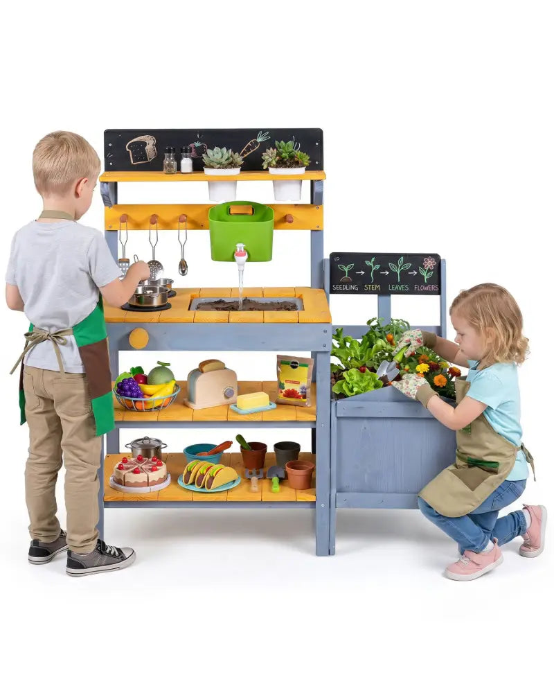 Mud Kitchen Set for Kids with Running Water Reservoir and Plant Pots for 3+-Yellow - Yellow - Play Kitchen Sets