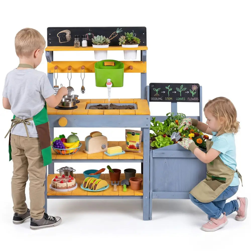 Mud Kitchen Set for Kids with Running Water Reservoir and Plant Pots for 3+-Yellow - Yellow - Play Kitchen Sets