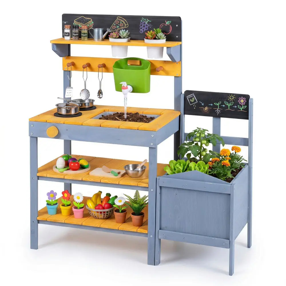 Mud Kitchen Set for Kids with Running Water Reservoir and Plant Pots for 3+-Yellow - Yellow - Play Kitchen Sets
