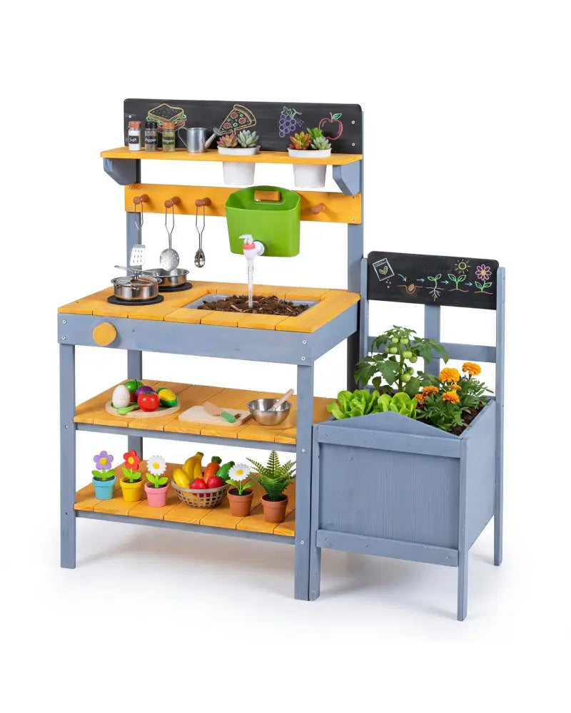 Mud Kitchen Set for Kids with Running Water Reservoir and Plant Pots for 3+-Yellow - Yellow - Play Kitchen Sets
