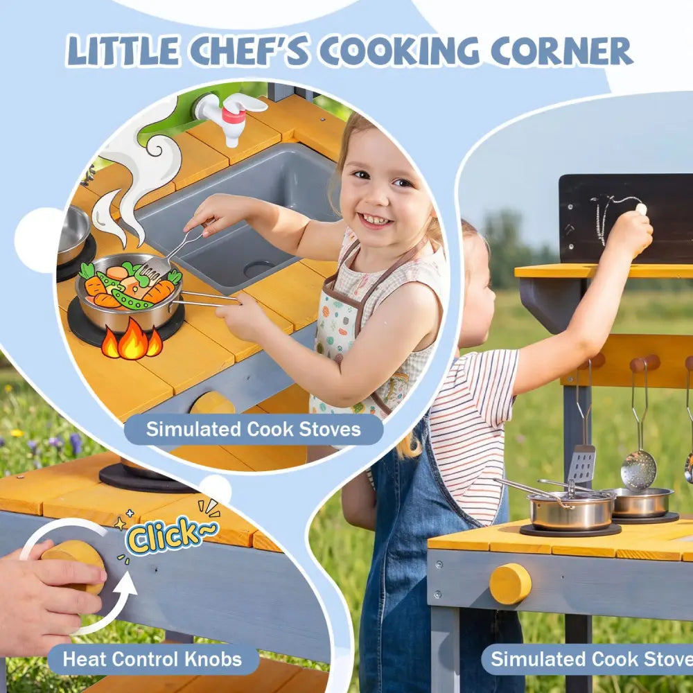 Mud Kitchen Set for Kids with Running Water Reservoir and Plant Pots for 3+-Yellow - Yellow - Play Kitchen Sets