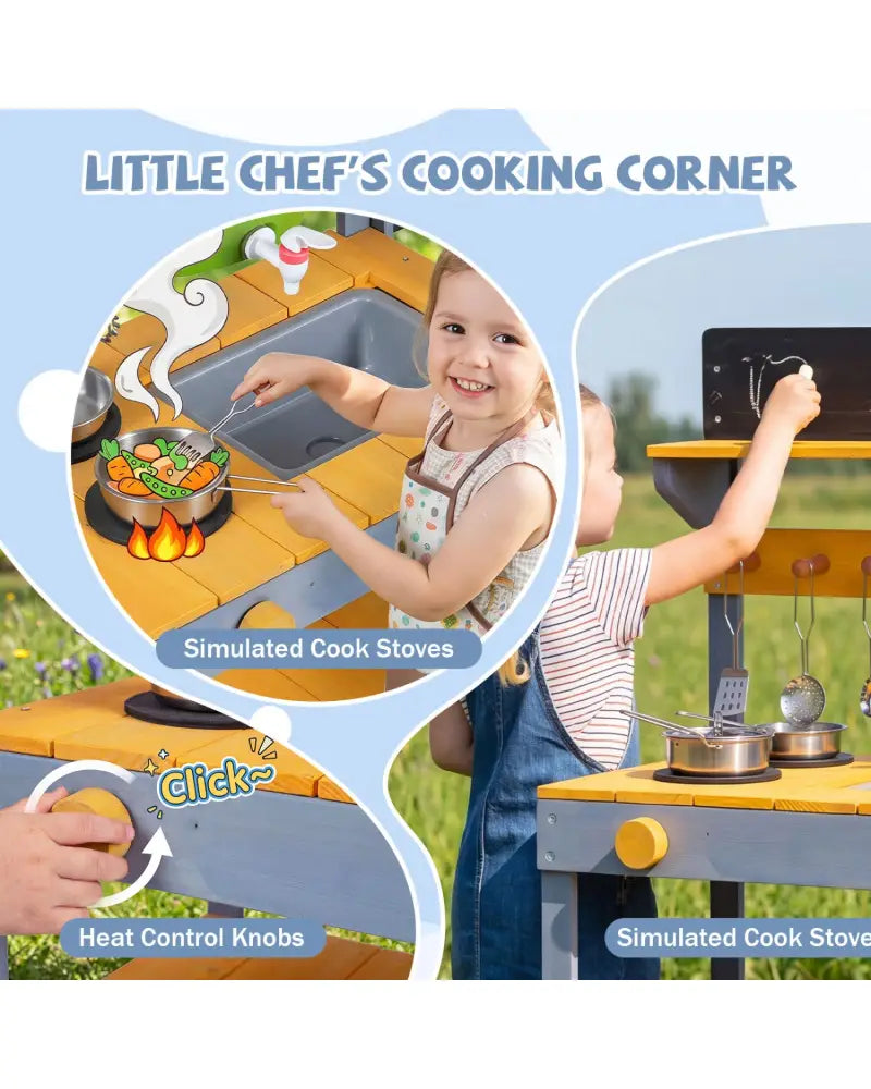 Mud Kitchen Set for Kids with Running Water Reservoir and Plant Pots for 3+-Yellow - Yellow - Play Kitchen Sets