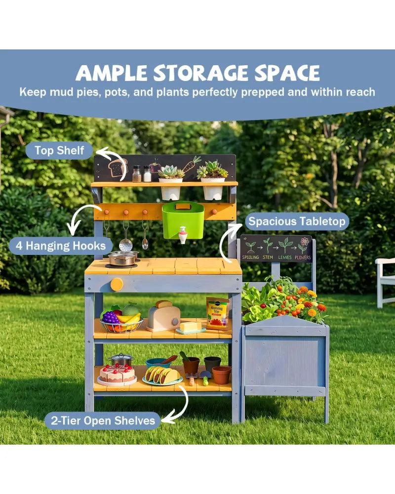 Mud Kitchen Set for Kids with Running Water Reservoir and Plant Pots for 3+-Yellow - Yellow - Play Kitchen Sets