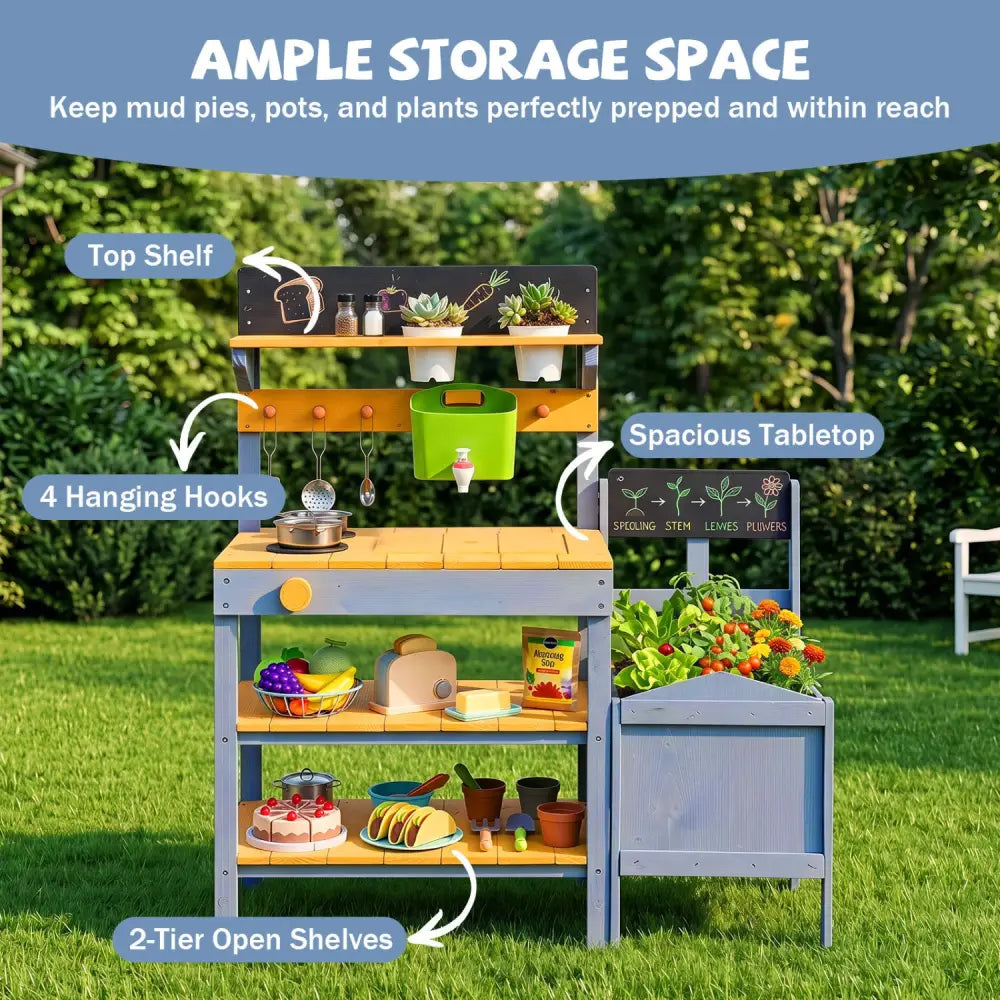Mud Kitchen Set for Kids with Running Water Reservoir and Plant Pots for 3+-Yellow - Yellow - Play Kitchen Sets