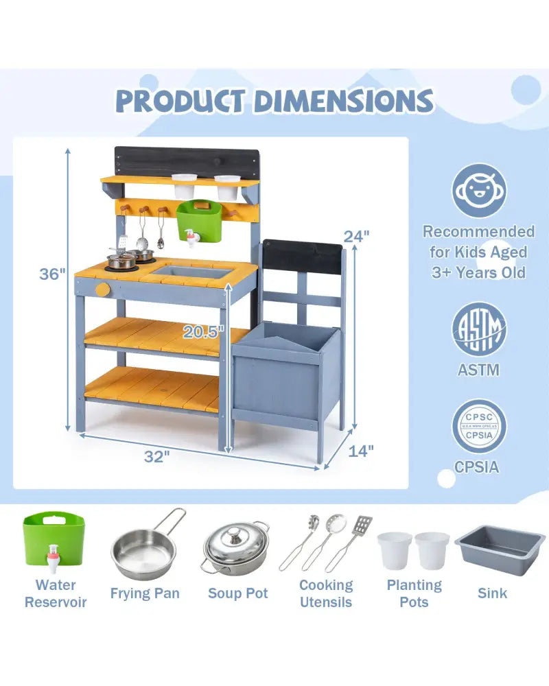 Mud Kitchen Set for Kids with Running Water Reservoir and Plant Pots for 3+-Yellow - Yellow - Play Kitchen Sets