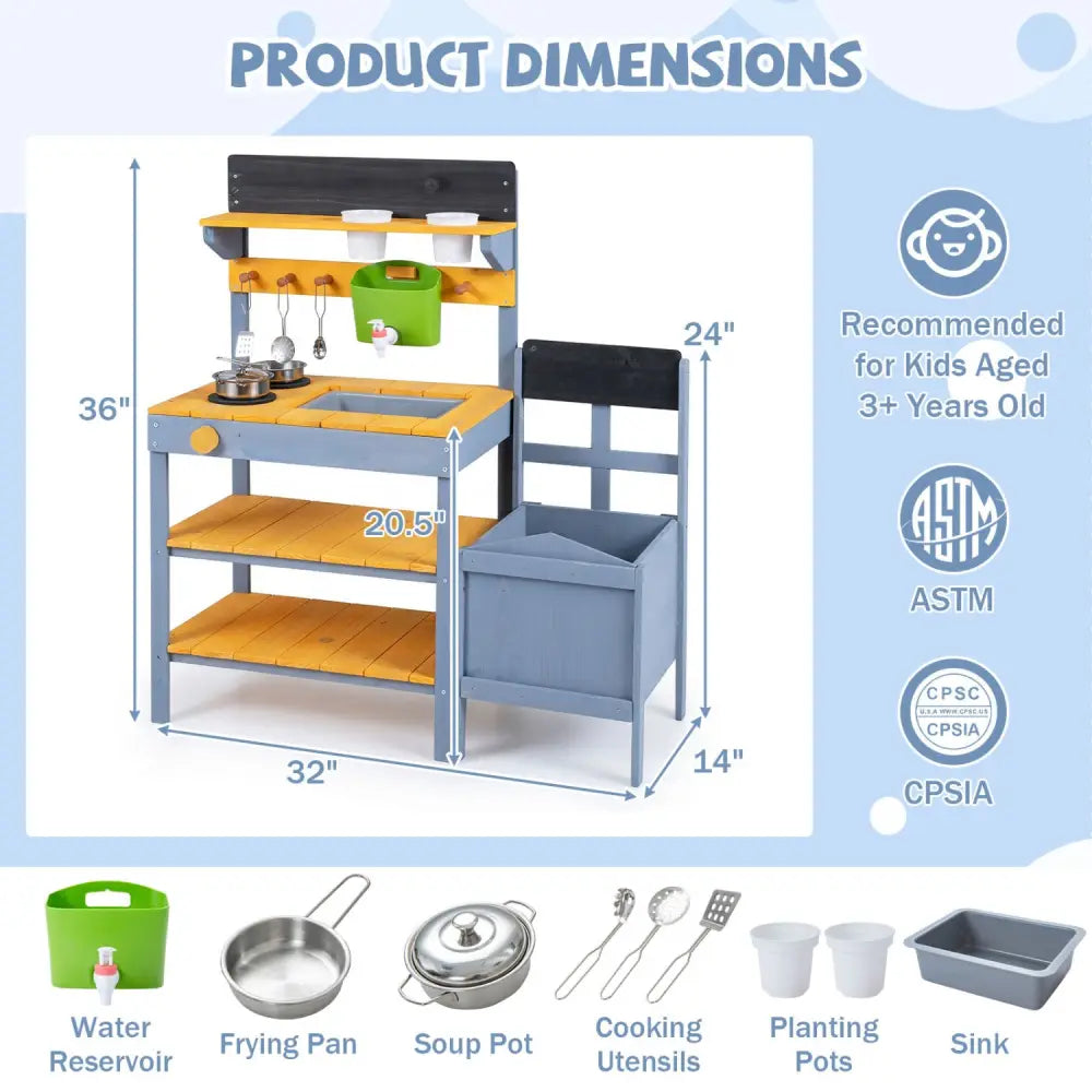 Mud Kitchen Set for Kids with Running Water Reservoir and Plant Pots for 3+-Yellow - Yellow - Play Kitchen Sets