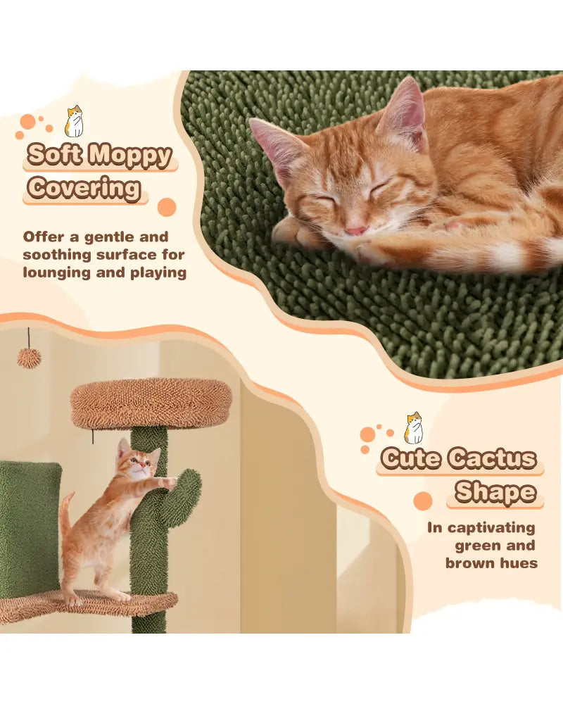 Multi-level Cactus Cat Tree with Scratching Posts Ladder Double Condos and Toys Bed-Green - Green - Cat Trees Condos &