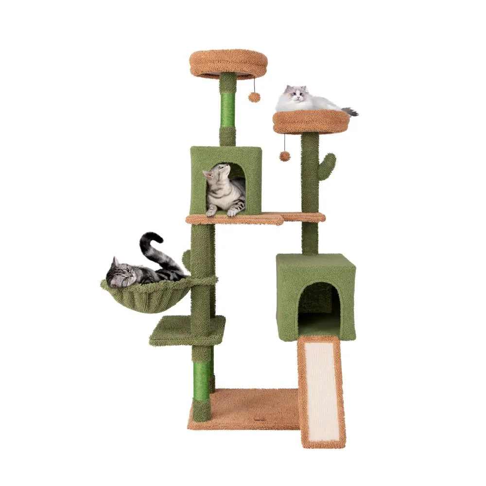 Multi-level Cactus Cat Tree with Scratching Posts Ladder Double Condos and Toys Bed-Green - Green - Cat Trees Condos &