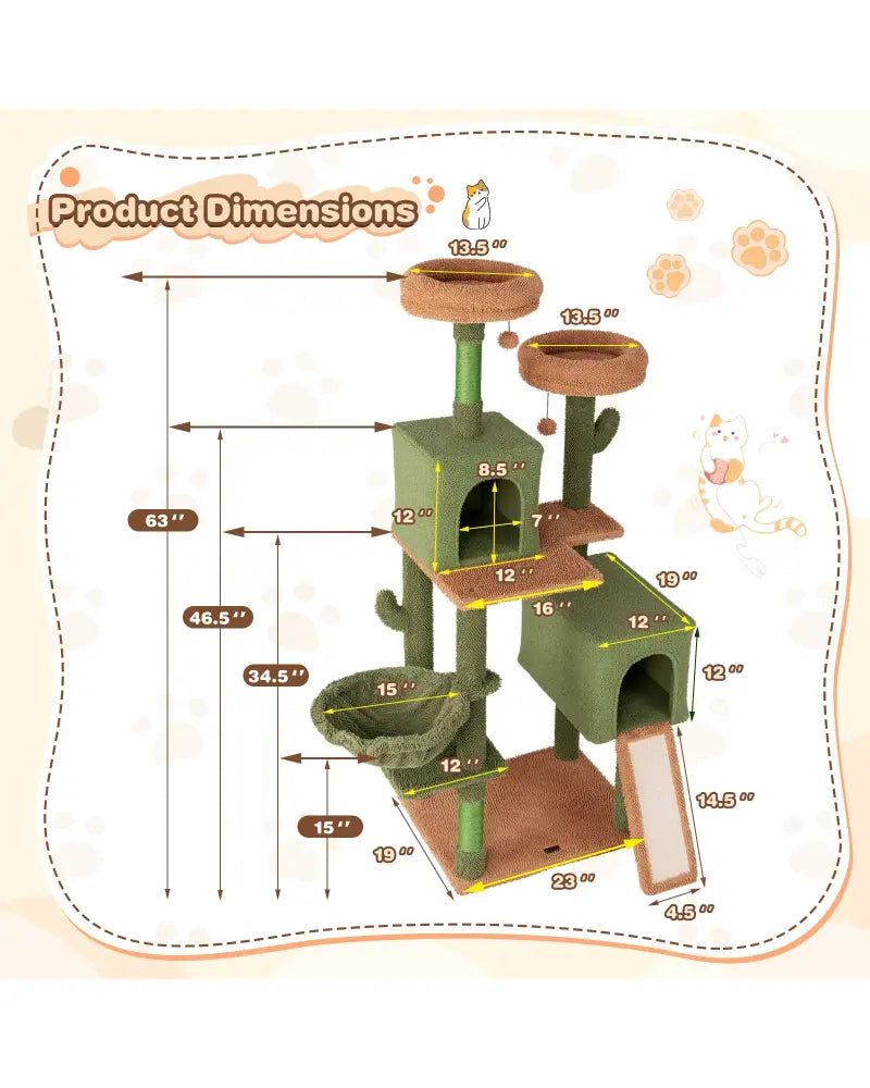 Multi-level Cactus Cat Tree with Scratching Posts Ladder Double Condos and Toys Bed-Green - Green - Cat Trees Condos &