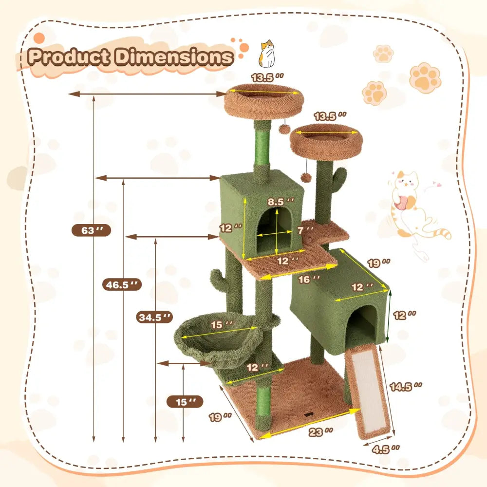 Multi-level Cactus Cat Tree with Scratching Posts Ladder Double Condos and Toys Bed-Green - Green - Cat Trees Condos &