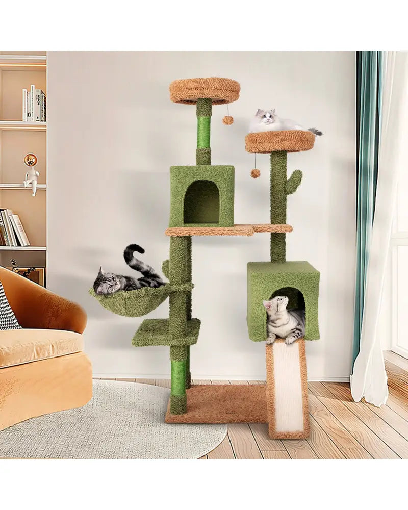 Multi-level Cactus Cat Tree with Scratching Posts Ladder Double Condos and Toys Bed-Green - Green - Cat Trees Condos &