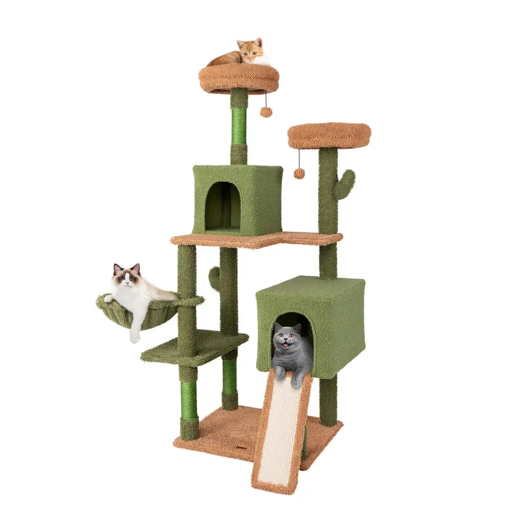 Multi-level Cactus Cat Tree with Scratching Posts Ladder Double Condos and Toys Bed-Green - Green - Cat Trees Condos &