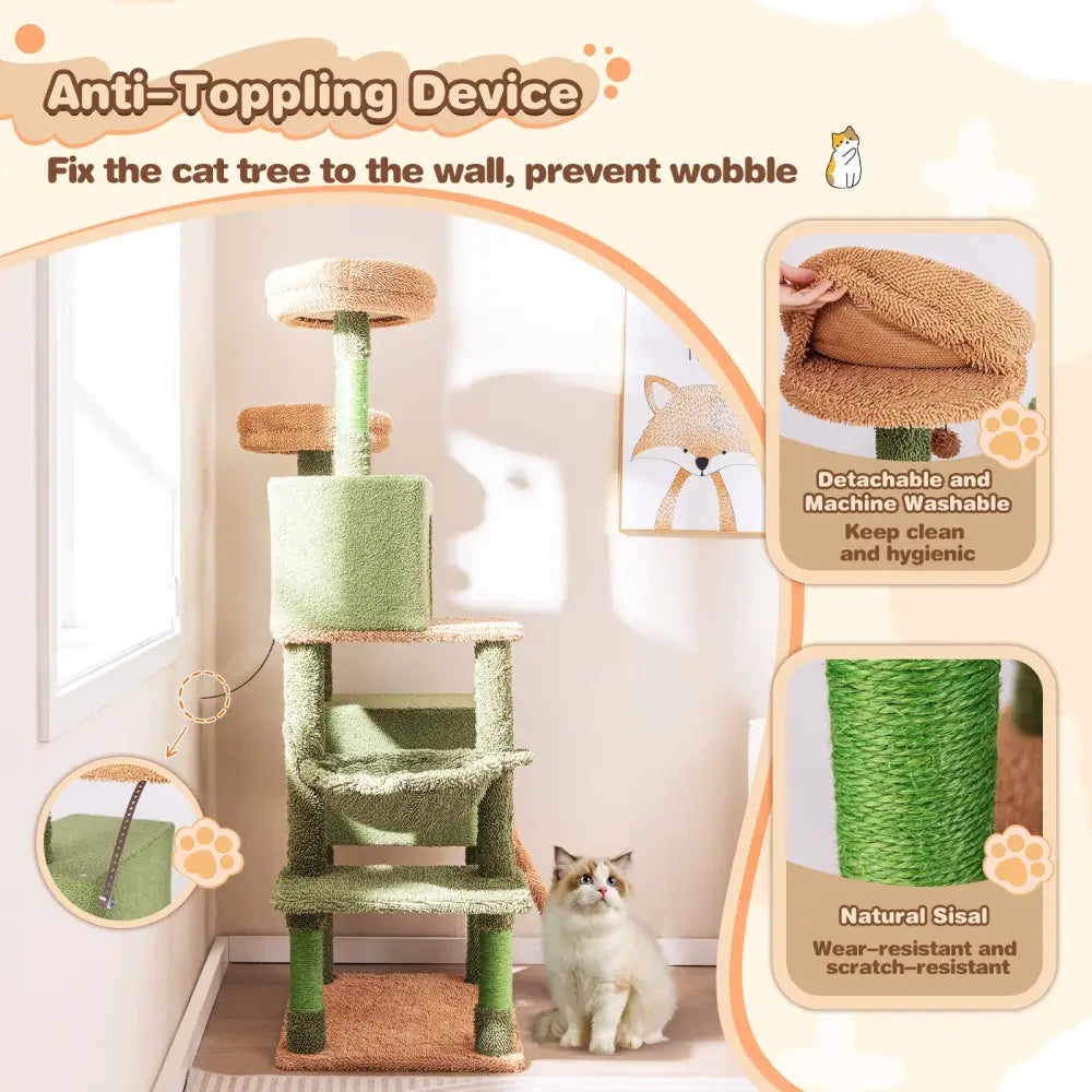 Multi-level Cactus Cat Tree with Scratching Posts Ladder Double Condos and Toys Bed-Green - Green - Cat Trees Condos &