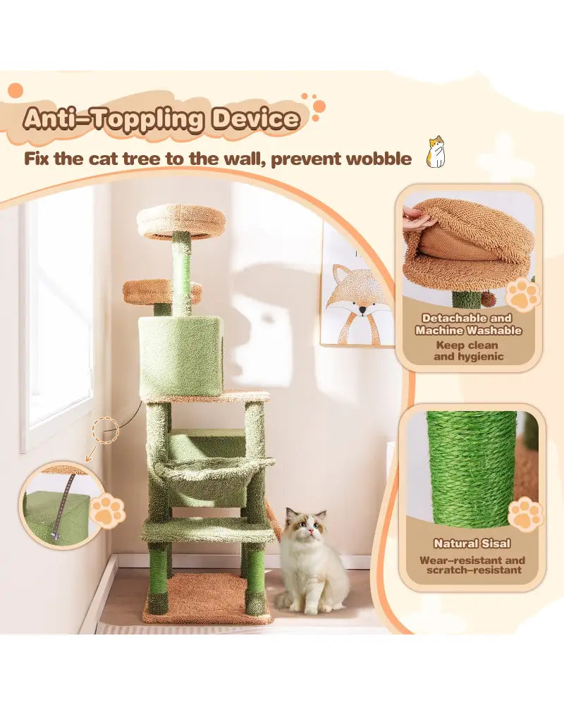 Multi-level Cactus Cat Tree with Scratching Posts Ladder Double Condos and Toys Bed-Green - Green - Cat Trees Condos &