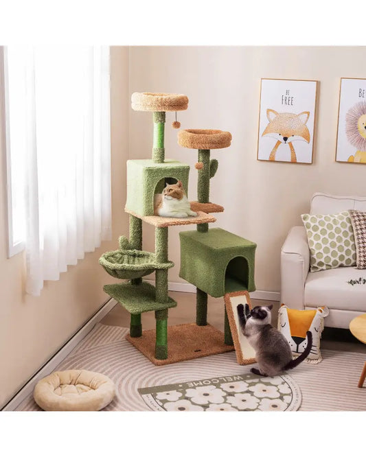 Multi-level Cactus Cat Tree with Scratching Posts Ladder Double Condos and Toys Bed-Green - Green - Cat Trees Condos &