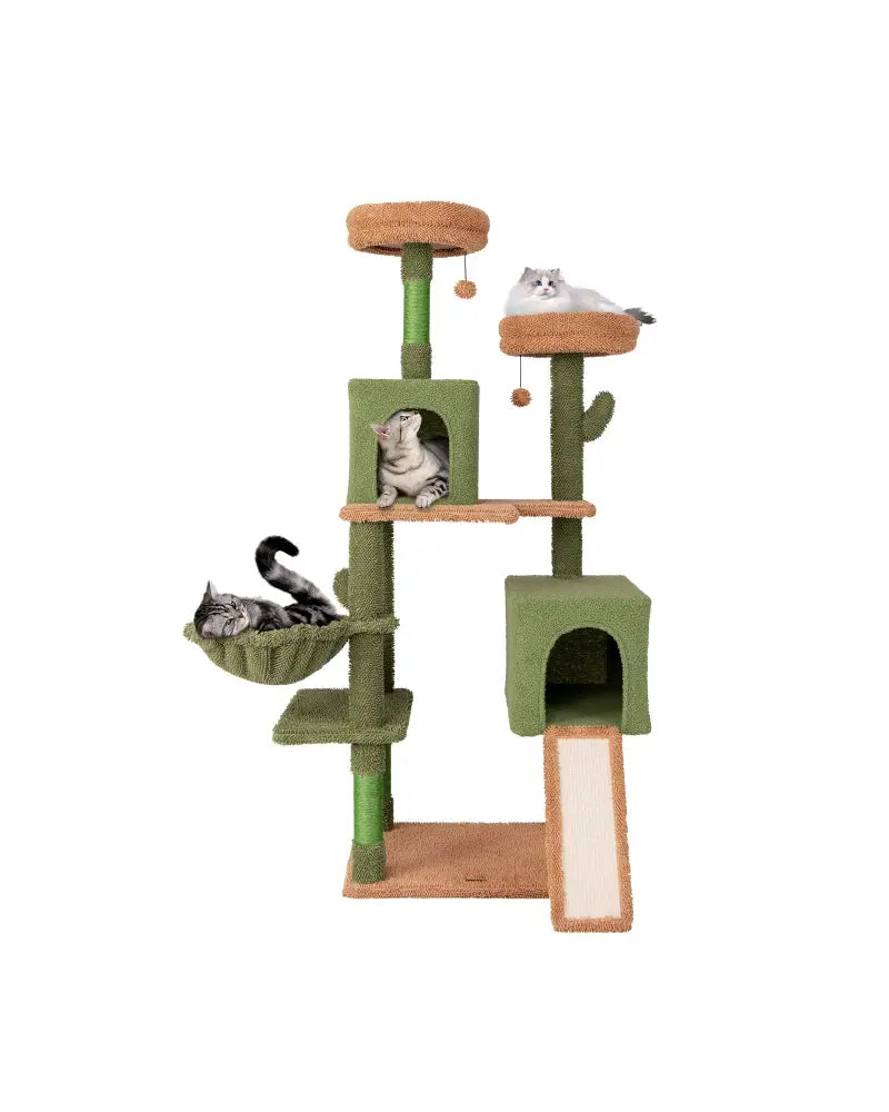 Multi-level Cactus Cat Tree with Scratching Posts Ladder Double Condos and Toys Bed-Green - Green - Cat Trees Condos &