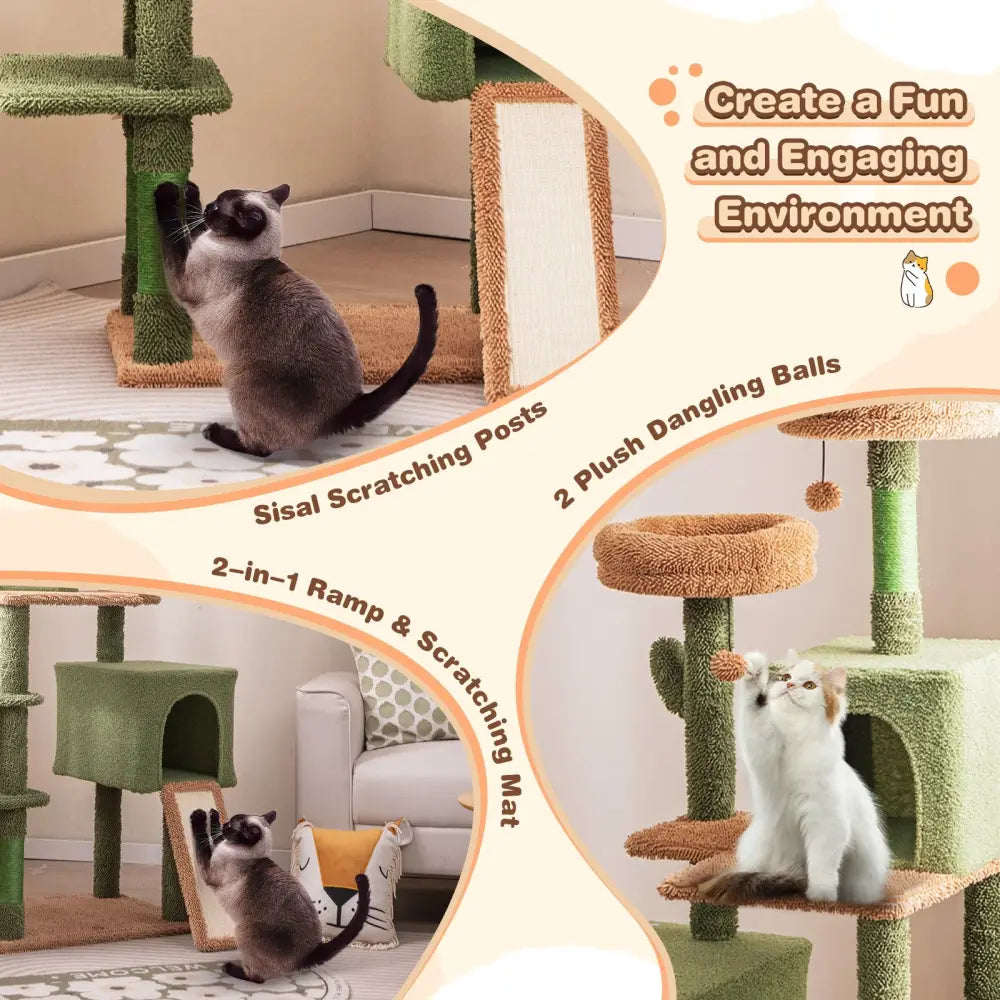 Multi-level Cactus Cat Tree with Scratching Posts Ladder Double Condos and Toys Bed-Green - Green - Cat Trees Condos &
