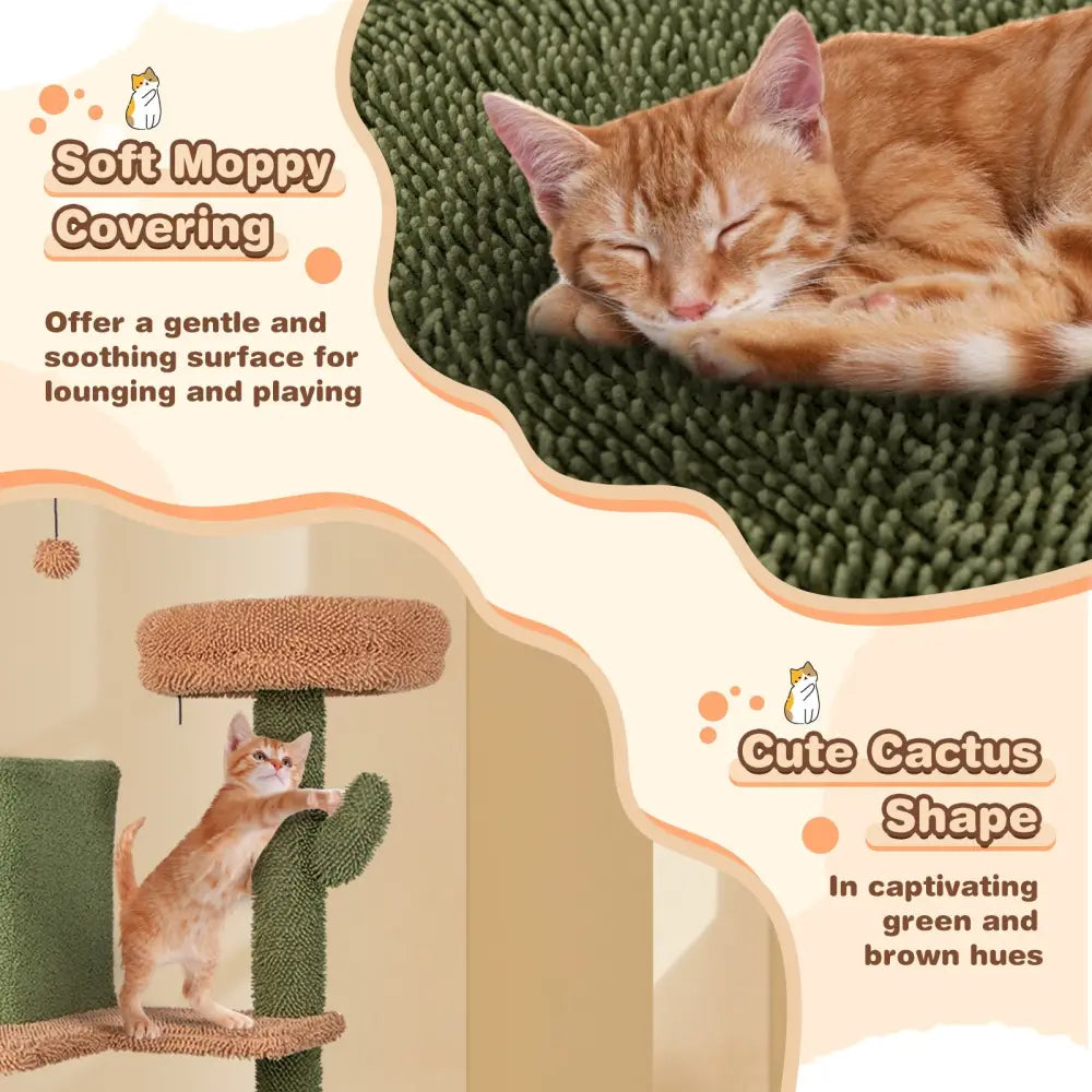Multi-level Cactus Cat Tree with Scratching Posts Ladder Double Condos and Toys Bed-Green - Green - Cat Trees Condos &