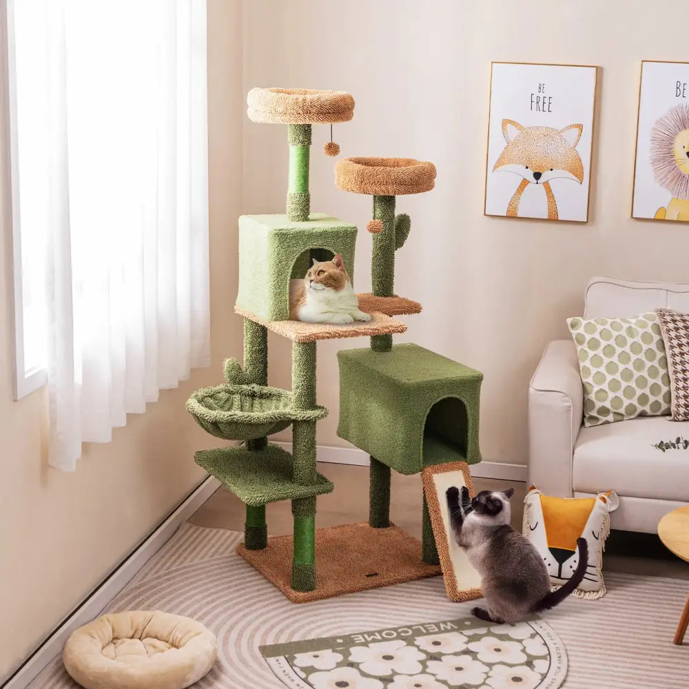 Multi-level Cactus Cat Tree with Scratching Posts Ladder Double Condos and Toys Bed-Green - Green - Cat Trees Condos &