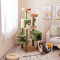 Multi-level Cactus Cat Tree with Scratching Posts Ladder Double Condos and Toys Bed-Green - Green - Cat Trees Condos &