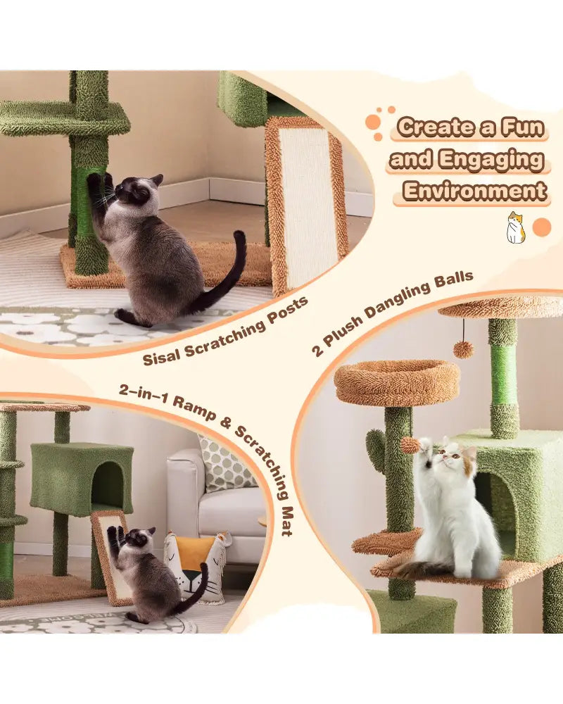 Multi-level Cactus Cat Tree with Scratching Posts Ladder Double Condos and Toys Bed-Green - Green - Cat Trees Condos &