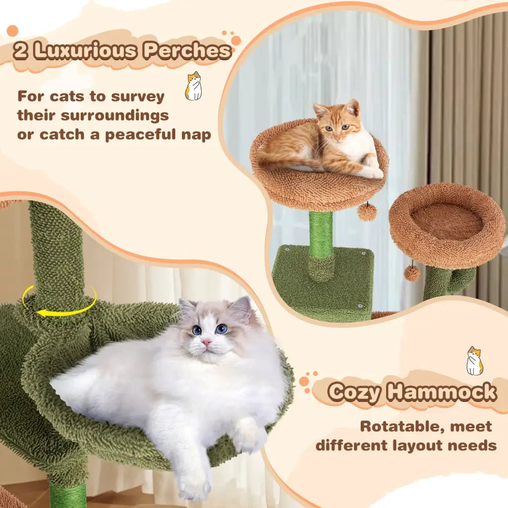 Multi-level Cactus Cat Tree with Scratching Posts Ladder Double Condos and Toys Bed-Green - Green - Cat Trees Condos &