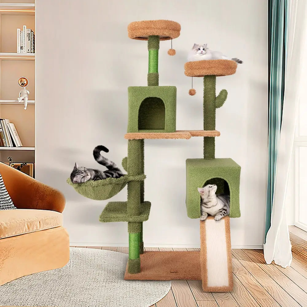 Multi-level Cactus Cat Tree with Scratching Posts Ladder Double Condos and Toys Bed-Green - Green - Cat Trees Condos &
