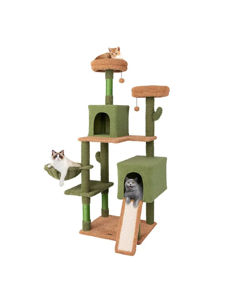 Multi-level Cactus Cat Tree with Scratching Posts Ladder Double Condos and Toys Bed-Green - Green - Cat Trees Condos &
