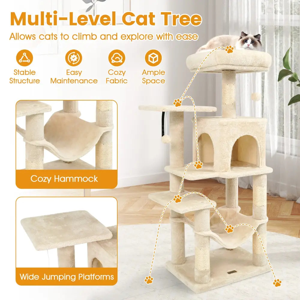 Multi-Level Cat Tower with 2-Door Condo and Padded Top Perch-Beige - Beige - Cat Trees Condos & Scratchers