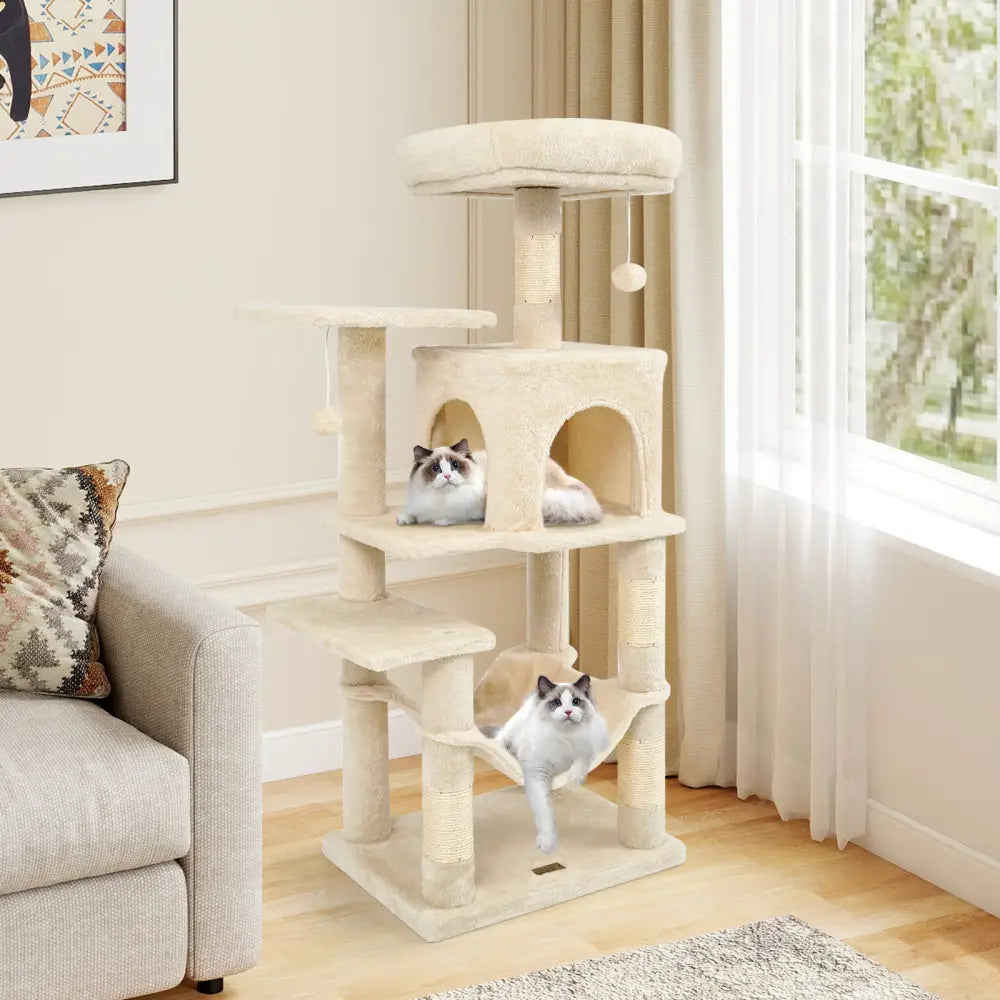Multi-Level Cat Tower with 2-Door Condo and Padded Top Perch-Beige - Beige - Cat Trees Condos & Scratchers