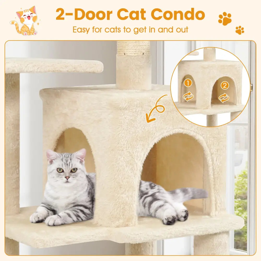 Multi-Level Cat Tower with 2-Door Condo and Padded Top Perch-Beige - Beige - Cat Trees Condos & Scratchers
